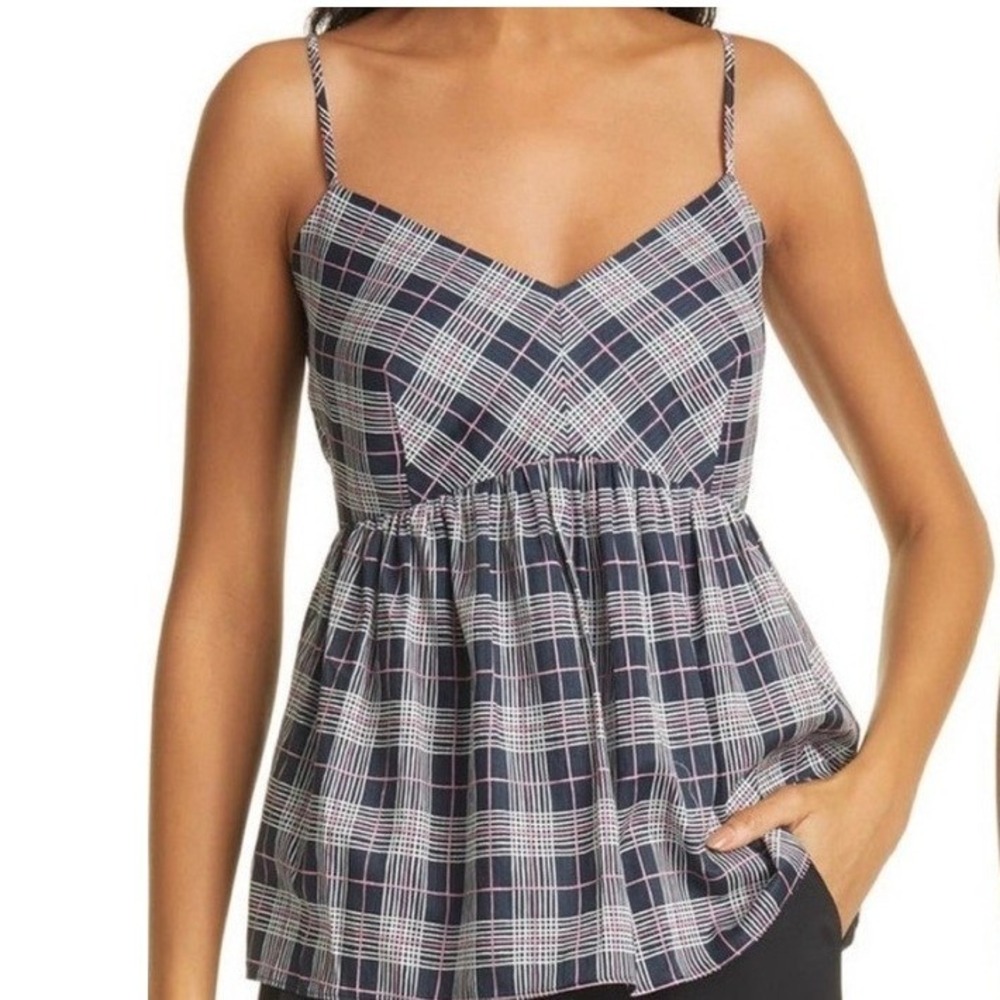 Club Monaco Plaid Babydoll Tank Top Navy Pink Cotton Size Small NWT